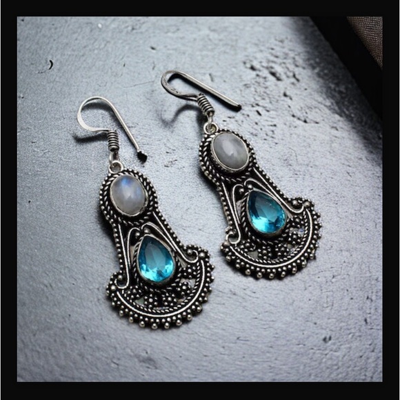 Rainbow Moonstone & Blue Topaz Drop Dangle Hook Style Earrings 2" L New With Tag - Picture 16 of 16